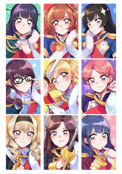 >:) 6+girls aiguillette aijou_karen ascot bell black-framed_eyewear black_hair black_hairband black_jacket blonde_hair blue_background blue_eyes blue_hair blue_jacket blunt_bangs blush border brown_eyes brown_hair bulkobon closed_mouth collared_shirt crown daiba_nana epaulettes finger_to_own_chin fingernails fur-trimmed_jacket fur_trim glasses green_background green_eyes green_jacket green_ribbon grey_background grin hair_bell hair_ornament hair_ribbon hairband hanayagi_kaoruko hand_up highres holding holding_sword holding_weapon hoshimi_junna isurugi_futaba jacket jacket_on_shoulders jingle_bell kagura_hikari katana long_hair long_sleeves looking_at_viewer low_side_ponytail medium_hair mini_crown multicolored_jacket multiple_girls orange_background parted_bangs parted_lips pink_background pink_eyes pink_hair pink_jacket purple_background purple_eyes purple_hair purple_jacket red_background red_jacket red_sash ribbon saijou_claudine sash shirt short_hair short_twintails shoujo_kageki_revue_starlight shoulder_sash side_ponytail sidelocks smile sparkle_hair_ornament star_(symbol) star_symbol_background sword tassel tendou_maya tilted_headwear tsuyuzaki_mahiru twintails twitter_username two-tone_jacket upper_body v-shaped_eyebrows wavy_hair weapon white_ascot white_border white_jacket white_shirt x_hair_ornament yellow_background