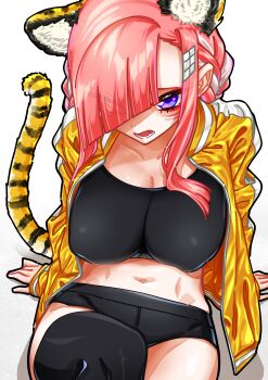 1girl 2022 absurdres animal_ears arm_support black_shorts black_thighhighs blunt_bangs breasts chinese_zodiac cleavage commentary_request cowboy_shot d-chan diagonal_bangs hair_ornament hair_over_one_eye hairclip happy_new_year highres izuru@doto-lu jacket large_breasts long_hair looking_at_viewer navel new_year open_clothes open_jacket open_mouth original pink_hair purple_eyes short_shorts shorts simple_background sitting solo stomach tail thighhighs tiger tiger_ears tiger_girl tiger_stripes tiger_tail white_background year_of_the_tiger yellow_jacket