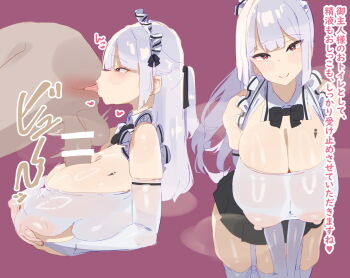 1boy anilingus apron black_bow black_bowtie bow bowtie breasts commentary_request female_rimming_male frilled_apron frills garter_straps hair_ribbon huge_breasts long_hair maid maid_headdress original paizuri pointy_breasts red_eyes reverse_paizuri ribbon see-through_clothes skirt smile steaming_body thighhighs tiffany_blews translation_request white_hair