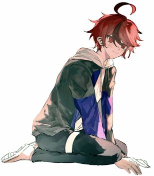 1boy ahoge arms_between_legs black_hair black_pants blue_jacket chinese_commentary closed_mouth commentary_request drawstring full_body grey_jacket hair_between_eyes highres hood hood_down hoodie jacket jacket_over_hoodie kneeling long_sleeves male_focus multicolored_hair multicolored_jacket official_alternate_eye_color open_clothes open_jacket pants red_eyes red_hair shoes short_hair simple_background smile solo spoilers streaked_hair sumino_takumi the_hundred_line_-last_defense_academy- thigh_strap two-tone_hair two-tone_jacket white_background white_hoodie white_shoes yamiyoxi