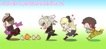 2boys 2girls beanie biting black_boots black_hair black_jacket black_pants black_pantyhose black_thighhighs blonde_hair boots bow braid cham-p chasing chibi chibi_only closed_eyes commentary_request copyright_name danganronpa_(series) danganronpa_2:_goodbye_despair dress eyelashes from_side glasses grey_bow grey_dress grey_hair grey_hat grey_shoes grey_skirt hair_bow hair_ribbon hamster hat heart jacket jum-p long_hair long_sleeves maga-g medium_hair multicolored_hair multiple_boys multiple_girls open_mouth own_hands_together pants pantyhose pekoyama_peko pinafore_dress pink_hair puffy_short_sleeves puffy_sleeves purple_scarf red_eyes red_shoes ribbon running scar scar_across_eye scar_on_face scarf sharp_teeth shirt shirt_under_dress shoes short_hair short_sleeves skirt sleeveless sleeveless_dress smile soda_kazuichi sonia_nevermind sun-d tanaka_gundham tearing_up teeth thighhighs twin_braids undercut upper_teeth_only watanabe_kousuke white_ribbon white_shirt yellow_eyes yellow_jacket yellow_shoes