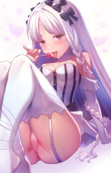 1girl bare_shoulders black_bow black_eyes blush bow braid breasts candy cleavage collar colored_inner_hair commentary_request detached_sleeves dress fate/strange_fake fate_(series) food francesca_prelati_(fate) frilled_collar frills garter_straps grey_hair hair_bow highres lollipop long_hair looking_at_viewer medium_breasts multicolored_hair open_mouth panties parted_bangs ringed_eyes ryusei2u sidelocks sitting smile solo striped_clothes striped_dress thighhighs thighs tongue tongue_out underwear very_long_hair white_dress white_hair white_panties white_thighhighs