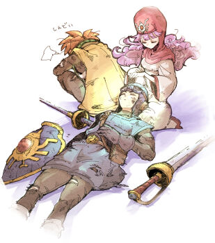 1girl 2boys aviator_cap aviator_goggles black_bodysuit blue_tunic bodysuit breasts brown_hair cape capelet closed_eyes dirty dirty_face dragon_quest dragon_quest_ii feet_out_of_frame gloves goggles goggles_on_head hand_on_own_stomach healing hood hood_up hooded_capelet kneeling lap_pillow long_hair lying medium_breasts multiple_boys on_back pink_capelet pink_hair prince_of_lorasia prince_of_samantoria princess_of_moonbrook red_trim robe roto's_emblem saitou_piyoko shield short_hair squatting sword torn_clothes tunic weapon white_background white_robe yellow_cape