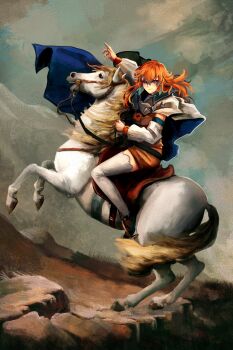 Rule 34 | 1girl, aqua hair, cloak, cloud, cloudy sky, day, enigmatic recollection, fine art parody, gradient hair, highres, hololive, hololive english, horse, horseback riding, long hair, miku (mikururun), multicolored hair, napoleon crossing the alps, orange hair, outdoors, parody, purple eyes, rearing, riding, sky, solo, takanashi kiara, thighhighs, virtual youtuber, white cloak, white thighhighs