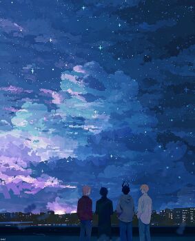 4boys absurdres black_coat black_hair blonde_hair blue_sky cityscape cloud coat commentary english_commentary enki_(enkiriin) facing_away grey_hoodie highres hood hoodie horns luca_kaneshiro multiple_boys night night_sky nijisanji nijisanji_en outdoors ren_zotto scenery shirt short_hair shu_yamino sky skyline sonny_brisko star_(symbol) virtual_youtuber white_shirt