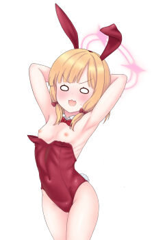 1girl :3 absurdres animal_ears armpits arms_behind_head blonde_hair blue_archive blush breast_slip breasts fake_animal_ears female_focus hair_ribbon halo highres legs leotard loli long_hair momoi_(blue_archive) nipples playboy_bunny rabbit_ears ribbon simple_background small_breasts solo standing surprised thighs wardrobe_malfunction white_background yozora_(d4clo54r)