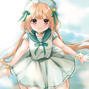 >:) 1girl ahoge blonde_hair blurry blurry_background blush bow brown_eyes closed_mouth commentary_request depth_of_field dress flower futaba_anzu green_bow green_sailor_collar hair_ornament hat highres idolmaster idolmaster_cinderella_girls idolmaster_cinderella_girls_starlight_stage long_hair looking_at_viewer low_twintails rino_cnc sailor_collar sailor_dress short_sleeves sitting smile solo star_(symbol) star_hair_ornament twintails v-shaped_eyebrows very_long_hair wariza white_dress white_flower white_hat