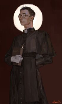 1boy absurdres aegyo_sal arm_behind_back black_eyes black_hair book cassock clerical_collar commentary cowboy_shot cross_pendant disco_elysium english_commentary expressionless facial_hair glasses gloves highres holding holding_book kim_kitsuragi kozmoraven1610 looking_at_viewer male_focus mustache priest short_hair sideburns solo standing sun_behind_head variant_set white_gloves