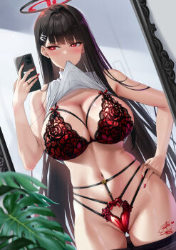 1girl black_hair black_halo blue_archive blunt_bangs blush bow bow_bra bow_panties bra breasts bright_pupils cellphone cleavage clothes_in_mouth clothes_lift clothes_pull commentary_request hair_ornament hairclip halo hand_on_own_hip hand_up highres holding holding_phone jewelry large_breasts long_hair looking_at_phone millennium_science_school_logo mirror mirror_selfie mouth_hold nail_polish navel okitakung panties pantyhose pantyhose_pull phone red_bra red_eyes red_nails red_panties reflection reflection_focus ring rio_(blue_archive) selfie shirt_lift sleeveless sleeveless_turtleneck smartphone solo thighs turtleneck underwear very_long_hair white_pupils