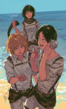 Rule 34 | 1girl, 2boys, armin arlert, beach, black hair, blonde hair, commentary request, eren yeager, holding seashell, ico (ico ma2501), light smile, mikasa ackerman, multiple boys, ocean, outdoors, paradis military uniform, seashell, shell, shell to ear, shingeki no kyojin, short hair, smile, tears