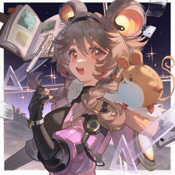 1girl :d black_gloves black_hairband book border braid breasts brown_hair clenched_hand fingerless_gloves fur-trimmed_jacket fur_trim gloves hairband hamster highres jacket looking_at_viewer low_twin_braids lumi_(wuthering_waves) medium_breasts medium_hair open_book open_mouth pen pink_jacket red_eyes shu_bing smile solo stuffed_animal stuffed_toy teeth thick_eyebrows twin_braids upper_body upper_teeth_only white_border wuthering_waves