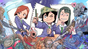 3girls abacus asakusa_midori audio_jack black-framed_eyewear black_eyes black_hair blue_jacket blue_skirt brown_eyes brown_hair bucket_hat bug butterfly cable camouflage_headwear closed_mouth collared_shirt commentary drawing_(object) eizouken_ni_wa_te_wo_dasu_na! eyewear_on_head fangs flower freckles gas_mask glasses green_hat green_necktie grin hand_on_own_chin hat highres holding holding_abacus holding_knife holding_pencil industrial_pipe insect jacket kanamori_sayaka kiichi knife leaf long_hair looking_at_object mask mizusaki_tsubame movie_camera multiple_girls necktie one_eye_closed parted_lips pencil pink_flower planet planetary_ring pocket_watch red_ribbon reel-to-reel_tape_recorder ribbon school_uniform semi-rimless_eyewear shibahama_high_school_uniform shirt short_hair sighting simple_bird skeleton skirt sky smile spacecraft star_(sky) tape_recorder through_medium valve watch water waterfall werewolf white_shirt