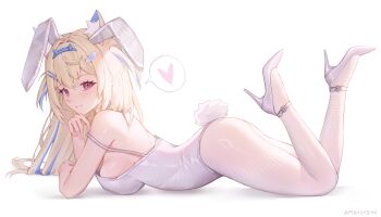 1girl absurdres alternate_costume amaterasu_(artist) animal_ear_fluff animal_ears blonde_hair blue_streaks breasts detached_collar dog_ears dog_girl fake_animal_ears feet from_side fuwawa_abyssgard heart highres hololive hololive_english la leotard long_hair lying multicolored_hair on_stomach parted_lips pink_eyes playboy_bunny rabbit_ears rabbit_tail sideboob strapless strapless_leotard streaked_hair tail teeth the_pose virtual_youtuber wrist_cuffs