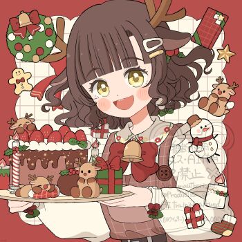 1girl :d animal_ears antlers blunt_bangs blush_stickers border bow bowtie box brown_hair brown_vest cake chocolate_cake christmas collared_shirt commentary deer_antlers deer_ears deer_girl eeppa food fruit gift gift_box gingerbread_man grid_background hair_ornament hairclip highres holding holding_plate horns long_sleeves looking_at_viewer open_mouth original outside_border plate red_border red_bow red_bowtie shirt short_hair smile solo strawberry symbol-only_commentary twitter_username upper_body vest watermark white_background white_shirt yellow_eyes