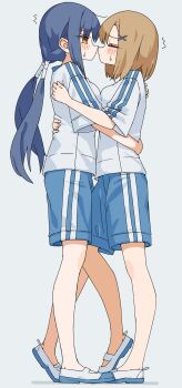 Rule 34 | 2girls, ^^^, absurdres, blue hair, blue shorts, blush stickers, breast press, breasts, brown eyes, brown hair, closed mouth, commentary request, grey background, grey shirt, gym shirt, gym shorts, gym uniform, hair ornament, hairclip, highres, hug, kopaka (karda nui), long hair, low twintails, medium breasts, multiple girls, no socks, noses touching, original, shadow, shirt, shoes, short sleeves, shorts, simple background, standing, sweat, symmetrical docking, twintails, uwabaki, very long hair, white shoes, x hair ornament, yuri