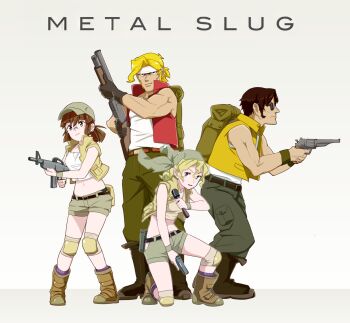 2boys 2girls backpack bag belt black_eyes black_gloves blonde_hair boots brown_eyes brown_hair closed_mouth commentary copyright_name fio_germi glasses gloves green_pants green_shorts grey_background gun handgun hat headband holding holding_gun holding_weapon kasamoto_eri knee_pads marco_rossi metal_slug multiple_boys multiple_girls navel ojipon on_one_knee pants ponytail red_vest shirt shorts simple_background tarma_roving vest weapon white_headband white_shirt yellow_vest