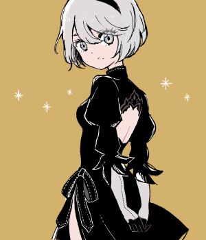 1girl 2b_(nier:automata) arms_behind_back black_dress black_hairband closed_mouth dress eyelashes grey_hair hair_between_eyes hairband highres light_frown looking_at_viewer nier:automata nier_(series) nmiznm puffy_sleeves short_hair solo