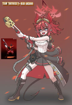 1girl :d ayo5108 black_jacket black_skirt blue_archive blue_eyes boots breasts cleavage clothes_around_waist cosplay demon_girl demon_horns demon_tail fang flamethrower full_body goggles goggles_on_head highres holding holding_flamethrower holding_weapon horns jacket jacket_around_waist large_breasts megu_(blue_archive) open_mouth pointy_ears pyro_(tf2) pyro_(tf2)_(cosplay) red_hair red_pyro_(tf2) shirt skirt smile solo tail team_fortress_2 weapon white_shirt