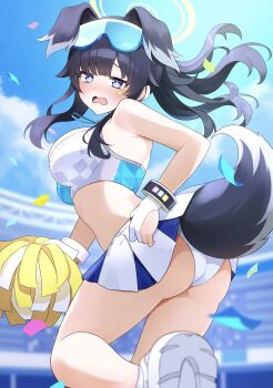 1girl absurdres animal_ears ass back black_hair blue_archive blue_eyes blush breasts cheerleader commentary_request dog_ears dog_girl dog_tail goggles goggles_on_head halo hibiki_(blue_archive) hibiki_(cheer_squad)_(blue_archive) highres holding holding_pom_poms lifted_by_tail long_hair looking_at_viewer looking_back millennium_cheerleader_outfit_(blue_archive) official_alternate_costume panties pom_pom_(cheerleading) pom_poms skirt solo star_(symbol) star_sticker sticker sticker_on_face tail tezaduuuuun underwear yellow_halo