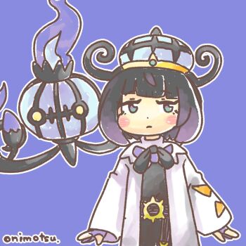 1girl artist_name black_hair blue_background blush bob_cut chandelure closed_mouth coat gen_5_pokemon gloves gradient_hair gwynn_(pokemon) hat long_sleeves looking_at_viewer multicolored_hair nintendo onimotsu_matarou open_clothes open_coat partially_fingerless_gloves pokemon pokemon_(creature) pokemon_legends:_z-a puffy_cheeks purple_gloves purple_hair short_hair sleeves_past_wrists white_coat