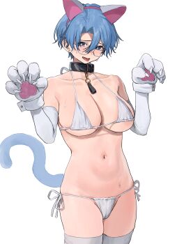 1girl animal_collar animal_ear_hairband animal_ears animal_hands aochoku bare_shoulders belt_collar bikini blue_eyes blue_hair blush breasts cat_ear_hairband cat_ears cat_tail claw_pose cleavage collar collarbone commentary cowboy_shot curvy earrings elbow_gloves english_commentary fake_animal_ears glasses gloves groin hairband hands_up highres jewelry large_breasts leona_(aochoku) looking_at_viewer navel open_mouth original paid_reward_available parted_lips paw_gloves paw_pose round_eyewear short_hair side-tie_bikini_bottom simple_background solo stomach string_bikini stud_earrings sweat swimsuit tail thighhighs tongue tongue_out white_background white_bikini white_gloves white_thighhighs