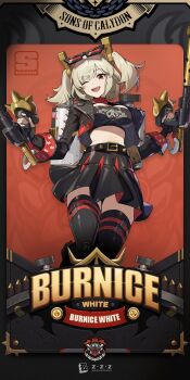 Rule 34 | 1girl, ;d, bandeau, belt, black belt, black jacket, black skirt, black thighhighs, blonde hair, breasts, burnice white, choker, commentary, crop top, dual wielding, english commentary, eyewear on head, flamethrower, grey hair, high-waist skirt, highres, holding, holding flamethrower, holding weapon, jacket, looking at viewer, medium breasts, midriff, miniskirt, official art, one eye closed, open mouth, pleated skirt, red choker, red eyes, shirt, short hair, short twintails, skirt, smile, solo, stomach, strapless, thighhighs, thighs, tube top, turtleneck, turtleneck shirt, twintails, two side up, weapon, zenless zone zero, zettai ryouiki