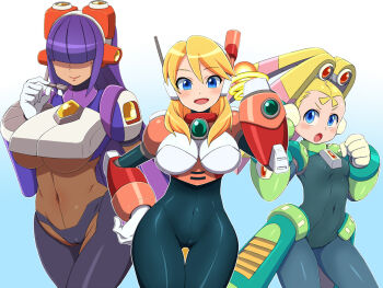&gt;:o 3girls :o alia_(mega_man) android arm_cannon armor blonde_hair blue_eyes blunt_bangs blush bodysuit breasts cameltoe clenched_hand contrapposto covered_erect_nipples covered_navel cowboy_shot curvy dark-skinned_female dark_skin flat_chest gloves hair_ornament hair_over_eyes hand_on_own_hip hime_cut konboi-eg large_breasts layer_(mega_man) long_hair looking_at_viewer mega_man_(series) mega_man_x8 mega_man_x_(series) multiple_girls open_mouth pallette_(mega_man) petite purple_hair robot_ears skin_tight small_breasts smile standing swept_bangs thigh_gap twintails underboob v-shaped_eyebrows weapon white_gloves wide_hips