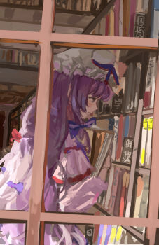1girl absurdres blue_ribbon book bookshelf dress hair_ribbon hat hat_ornament highres holding holding_book indoors library long_sleeves mob_cap patchouli_knowledge purple_dress purple_eyes purple_hair red_ribbon ribbon sleeve_ribbon touhou vanilla_flan white_hat window