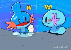 Rule 34 | animal focus, artist name, blue skin, closed mouth, colored skin, commentary request, creatures (company), dated, english text, fins, game freak, gen 2 pokemon, gen 3 pokemon, head fins, highres, mudkip, nintendo, no humans, open mouth, pokemon, pokemon (creature), ripples, saba hokke, smile, tail, water, wet, wooper