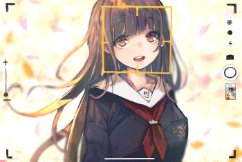1girl black_shirt blue_eyes blunt_bangs blurry blurry_background breast_pocket brown_hair commentary_request depth_of_field hime_cut long_hair looking_at_viewer neckerchief nyucha open_mouth original pocket raised_eyebrows red_neckerchief ringed_eyes sailor_collar school_uniform serafuku shirt sidelocks smile solo upper_body user_interface viewfinder white_sailor_collar