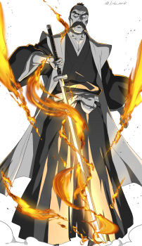 Rule 34 | 1boy, aged down, bleach, bleach: sennen kessen-hen, cheekbones, commentary, dust cloud, facial hair, fire, greyscale, hakama, haori, highres, holding, holding sword, holding weapon, japanese clothes, lido an0, male focus, mature male, monochrome, mustache, ryuujin jakka (shikai), serious, solo, spot color, sword, symbol-only commentary, taichou haori, twitter username, weapon, wide sleeves, yamamoto-genryuusai shigekuni, zanpakutou