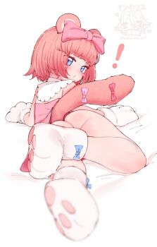 ! 1girl animal_ears animal_hands ass blue_eyes blurry blush blush_stickers boots bow chromu depth_of_field dress foreshortening gloves hair_bow highres indie_virtual_youtuber itsukarine legs loli looking_back lying no_panties on_stomach open_mouth paw_gloves paw_shoes pink_bow pink_hair simple_background solo tail virtual_youtuber white_background white_boots