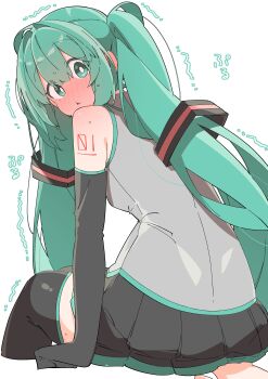 Rule 34 | 1girl, 1other, :<, absurdres, aqua eyes, aqua hair, aqua trim, bare shoulders, black gloves, black skirt, black thighhighs, blush, bright pupils, commentary request, cropped legs, ear blush, elbow gloves, feet out of frame, from behind, full-face blush, gloves, grey shirt, hand under clothes, hand under skirt, hatsune miku, highres, long hair, looking at viewer, looking back, miniskirt, no nose, nose blush, number tattoo, parted lips, pleated skirt, raised eyebrows, red tattoo, shirt, shoulder tattoo, simple background, sitting, skirt, sleeveless, sleeveless shirt, solo focus, sweat, tattoo, thighhighs, translation request, trembling, twintails, uruti 2388, very long hair, vocaloid, white background, white pupils