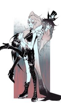 2girls absurdres black_hair cape demon_girl hellaverse helluva_boss highres limited_palette long_hair looking_at_viewer loona_(helluva_boss) multiple_girls octavia_(helluva_boss) raised_eyebrows white_hair zhu_xing_pupupu