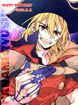 1boy absurdres armor blonde_hair character_name dated dr._stone fang gloves hair_between_eyes happy_birthday hat highres looking_at_viewer male_focus medium_hair nanami_ryuusui open_mouth pirate_hat red_eyes red_shirt shirt shoulder_armor smile solo teeth toshimix02 upper_body