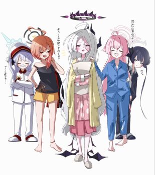 5girls ahoge barefoot black_hair black_halo blue_archive cherino_(blue_archive) commentary_request demon_girl demon_horns demon_wings double_bun full_body hair_bun halo hat highres hina_(blue_archive) hina_(pajamas)_(blue_archive) horns hoshino_(blue_archive) jacket kisaki_(blue_archive) long_hair low_wings multiple_girls neru_(blue_archive) pajamas pink_hair pink_halo pink_pajamas polka_dot polka_dot_pajamas racoon5 red_eyes red_hair standing twintails white_hair wings yellow_jacket