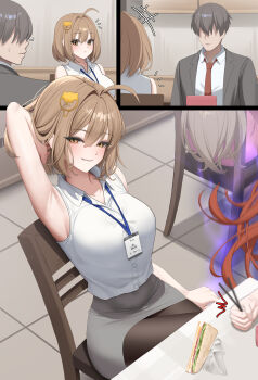 3girls absurdres ahoge alternate_costume anis_(nikke) anis_(star)_(nikke) arm_behind_head armpits aura bare_shoulders black_pantyhose blush breasts brown_eyes brown_hair chair collared_shirt commander_(nikke) counters_(nikke) dark_aura doenji_(auto7233) food goddess_of_victory:_nikke grey_jacket grey_skirt highres id_card jacket lanyard large_breasts long_hair long_sleeves multiple_girls necktie neon_(nikke) office_lady open_clothes open_jacket pantyhose pink_skirt rapi_(nikke) rapi_(red_hood)_(nikke) red_hair red_necktie sandwich shirt short_hair sitting skirt sleeveless sleeveless_shirt smile table white_shirt