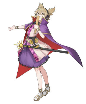 Rule 34 | 1girl, absurdres, belt, black belt, blonde hair, bracelet, cape, commentary request, earmuffs, hair ornament, hair stick, highres, jewelry, lace, lace-trimmed skirt, lace trim, looking at viewer, outstretched arm, pointy hair, purple cape, purple skirt, red cape, ritual baton, sandals, sheath, sheathed, shirt, short hair, simple background, skirt, sleeveless, sleeveless shirt, smile, socks, solo, standing, sword, takoyaki5221, touhou, toyosatomimi no miko, two-sided cape, two-sided fabric, weapon, white background, white shirt, white socks, yellow eyes, yellow sandals
