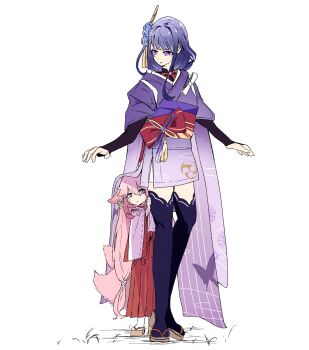 2girls absurdres aged_down alternate_costume animal_ears braid child commentary_request fan_hair_ornament floppy_ears flower fox_ears fox_girl fox_tail full_body genshin_impact highres japanese_clothes kimono long_braid long_hair low-braided_long_hair low-tied_long_hair multiple_girls multiple_tails pink_hair purple_eyes purple_flower purple_hair purple_kimono purple_nails raiden_shogun sandals simple_background supervespa99 tail white_background yae_miko