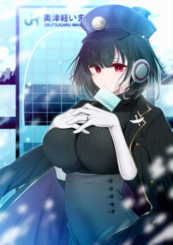 1girl amamiya_mizuki black_hair black_hat black_jacket black_sweater blush breasts character_request elbow_gloves gloves grey_skirt hands_on_own_chest hat high-waist_skirt impossible_clothes impossible_sweater jacket jacket_on_shoulders jewelry looking_at_viewer mouth_hold outdoors peaked_cap red_eyes ring short_hair signature skirt snowflakes solo station_memories sweater unbuttoned upper_body white_gloves