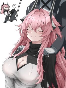1girl 1other ? arknights black_dress black_horns blush breasts chibi cleavage cleavage_cutout closed_eyes closed_mouth clothing_cutout commentary doctor_(arknights) dress english_commentary gloves grey_dress grey_gloves hair_between_eyes hair_intakes highres horns large_breasts long_hair long_sleeves massage motion_lines phap2000 pink_hair shoulder_massage spoken_question_mark theresa_(arknights) turtleneck turtleneck_dress twitter_username watermark