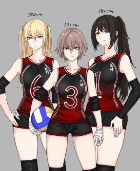 3girls ball blonde_hair breasts brown_eyes brown_hair collarbone commentary_request elbow_brace frown fuku_(fuku12290574) grey_background hand_on_own_hip hand_wraps highres knee_brace large_breasts long_hair looking_at_viewer looking_to_the_side makino_(fuku_(fuku12290574)) medium_breasts multiple_girls original ponytail red_eyes short_hair short_shorts shorts sidelocks smile smirk sportswear takamine_(fuku_(fuku12290574)) tall_female thighs translation_request two_side_up volleyball volleyball_(object) volleyball_uniform yagami_(fuku_(fuku12290574))