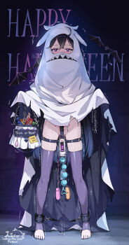 1girl anal_beads black_hair bound cuffs egg_vibrator ghost_costume halloween halloween_costume happy_halloween highres liclac loli long_hair looking_at_viewer object_insertion original purple_eyes pussy_juice restrained sex_toy shackles skindentation solo standing tattoo thigh_strap thighhighs vaginal vaginal_object_insertion very_long_hair vibrator