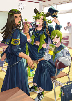 1boy 3girls armband black_hair blowing_bubble_gum blowing_bubbles chain chalkboard chewing_gum classroom cosplay delinquent desk double_bun dreadlocks drinking ermes_costello foo_fighters_(jojo) gakuran green_eyes green_hair hair_bun hat highres holding holding_unworn_clothes holding_unworn_hat jojo_no_kimyou_na_bouken kujo_jotaro_(cosplay) kuujou_jolyne kuujou_joutarou lemonade lipstick lipstick_mark long_coat long_skirt makeup multicolored_hair multiple_girls narciso_anasui pink_hair school_desk school_uniform serafuku shoes short_hair sitting skirt sneakers stone_ocean sukeban two-tone_hair ultracat unworn_hat unworn_headwear