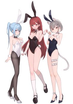 3girls absurdres akane_lize alternate_costume animal_ear_fluff animal_ear_hairband animal_ears ankle_belt arahashi_tabi arm_at_side belt belt_buckle belt_collar black_bow black_bowtie black_hairband black_hiphighs black_leotard black_ribbon black_shoes blue_eyes blue_hair blue_hairband blue_leotard blue_shoes blush bob_cut bow bowtie breasts buckle cat_ears cat_girl cat_tail cleavage closed_mouth collar covered_navel detached_collar fake_animal_ears fake_tail fangs full_body grey_eyes grey_hair grey_shoes hair_ornament hairband hairclip hand_up hands_up hashtag-only_commentary high_heels highres hiphighs kneehighs leotard long_hair looking_at_viewer looking_to_the_side mary_janes medium_breasts mole mole_under_eye multicolored_hair multiple_girls neck_ribbon neneko_mashiro open_mouth parallel_hairclips parted_bangs playboy_bunny pointing pointing_at_self pumps rabbit_ear_hairband rabbit_ears rabbit_tail ribbon seuhu shoes short_hair sidelocks simple_background small_breasts socks stellive straight_hair strapless strapless_leotard streaked_hair tail thigh_belt thigh_strap thighband_hiphighs twintails very_long_hair virtual_youtuber white_background white_collar white_hairband white_leotard white_socks white_wrist_cuffs wing_collar wrist_cuffs
