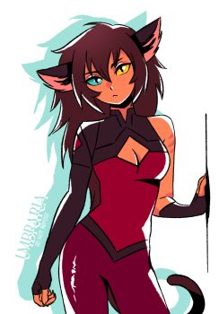 Rule 34 | 1girl, :<, animal ears, artist name, black eyes, blue sclera, bodysuit, breasts, brown hair, cat ears, cat girl, cat tail, catra, cleavage, cleavage cutout, clothing cutout, colored sclera, colored skin, commentary, contrapposto, cowboy shot, fingerless gloves, freckles, gloves, head tilt, highres, long hair, medium breasts, mismatched sclera, orange skin, red bodysuit, she-ra and the princesses of power, single sleeve, slit pupils, solo, tail, umbra (edits umbra), watermark, yellow sclera