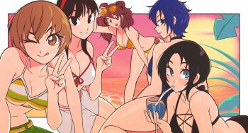 Rule 34 | 5girls, :d, :p, absurdres, amagi yukiko, bikini, bikini shorts, black bikini, black eyes, black hair, blue eyes, blue one-piece swimsuit, bow, bow bikini, breasts, brown eyes, brown hair, cleavage, commentary, cross-laced bikini, cross-laced clothes, cup, cupping glass, drinking straw, hair between eyes, highres, holding, holding cup, jeff miga, kujikawa rise, large breasts, looking at viewer, marie (persona 4), multiple girls, one-piece swimsuit, one eye closed, open mouth, outline, persona, persona 4, persona 4 the golden, satonaka chie, shirogane naoto, short hair, shorts, smile, striped bikini, striped clothes, sunset, swimsuit, tongue, tongue out, twintails, v, white bikini, yellow bikini