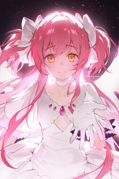 1girl arm_at_side artist_name backlighting bow breasts choker cleavage_cutout closed_mouth clothing_cutout collarbone dress eyelashes floating_hair frilled_dress frills gem gloves glowing glowing_wings hair_between_eyes hair_bow hand_up highres kaname_madoka layered_sleeves long_hair looking_at_viewer mahou_shoujo_madoka_magica mahou_shoujo_madoka_magica_(anime) muingmoo offering_hand pink_gemstone pink_hair raised_eyebrows sidelocks sky small_breasts smile solo space star_(sky) starry_sky starry_sky_print straight-on tareme two_side_up ultimate_madoka underboob upper_body very_long_hair white_bow white_choker white_dress white_gloves white_wings wide_sleeves wings yellow_eyes