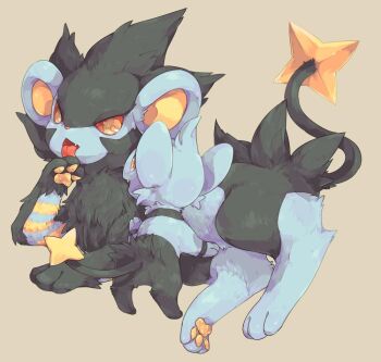 animal_focus black_fur blue_fur brown_background cat colored_sclera fang from_behind full_body gen_4_pokemon hideko_(l33l3b) licking licking_paw lion luxray lying nintendo no_humans on_side open_mouth pawpads pokemon pokemon_(creature) red_sclera shinx simple_background tongue tongue_out yellow_eyes