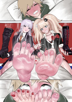 1boy 2girls barefoot blonde_hair boots cum danganronpa:_trigger_happy_havoc danganronpa_(series) ejaculation enoshima_junko feet foot_focus grey_eyes grin handjob highres kirigiri_kyoko koukou_panchi long_hair looking_at_viewer multiple_girls naegi_makoto purple_eyes purple_hair shoes smell smelling smile soles steam sweat toes twintails unworn_boots unworn_shoes